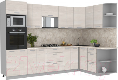 Кухонный гарнитур Интерлиния Мила Лайт 1.68x3.0 правая (вудлайн кремовый/вудлайн кремовый/опал светлый)