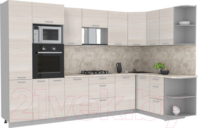 Кухонный гарнитур Интерлиния Мила Лайт 1.68x3.2 правая (вудлайн кремовый/вудлайн кремовый/опал светлый)