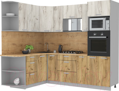 Кухонный гарнитур Интерлиния Мила Лайт 1.68x2.4 левая (дуб белый/дуб золотой/дуб бунратти)