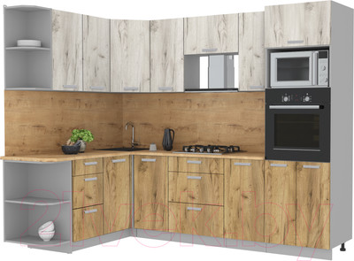 Кухонный гарнитур Интерлиния Мила Лайт 1.68x2.6 левая (дуб белый/дуб золотой/дуб бунратти)