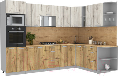 Кухонный гарнитур Интерлиния Мила Лайт 1.88x3.0 правая (дуб белый/дуб золотой/дуб бунратти)