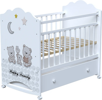 Детская кроватка VDK Happy Family колесо-качалка с ящиком (белый)