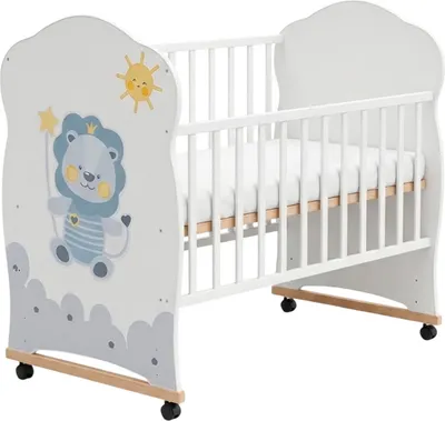 Детская кроватка VDK Happy Lion колесо-качалка с ящиком (белый)