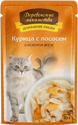 Влажный корм для кошек Деревенские лакомства Домашние обеды курица с лососем в нежном желе / 74500639 (70г)