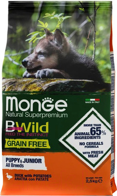 Сухой корм для собак Monge Grain Free Puppy & Junior Duck & Potatoes (2.5кг)