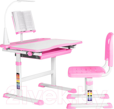 Парта+стул Anatomica Avgusta с ящиком, подставкой и светильником (белый/розовый)