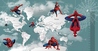 Фотообои листовые Citydecor Superhero Spiderman карта мира с ростомером 6 (500x260)