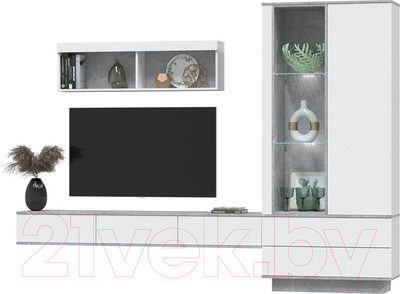 Горка для гостиной Интерлиния Quartz-10 с подсветкой (белый платинум/бетон)