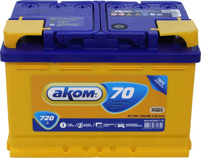 Автомобильный аккумулятор AKOM 6СТ-70 Евро (70 А/ч)