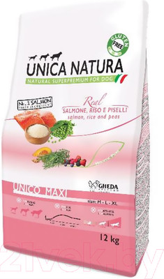 Сухой корм для собак Unica Natura Maxi лосось, рис, горох (12кг)