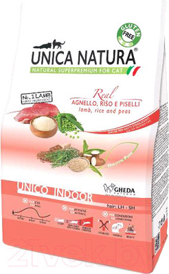 Сухой корм для кошек Unica Natura Indoor ягненок, рис, горох (350г)