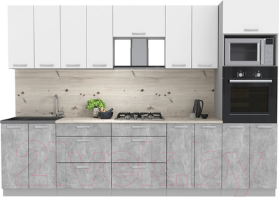 Кухонный гарнитур Интерлиния Мила Лайт 3.0 ВТ (белый платинум/бетон/бискайская сосна)