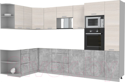 Кухонный гарнитур Интерлиния Мила Лайт 1.68x3.2 левая без столешницы (вудлайн кремовый/бетон)