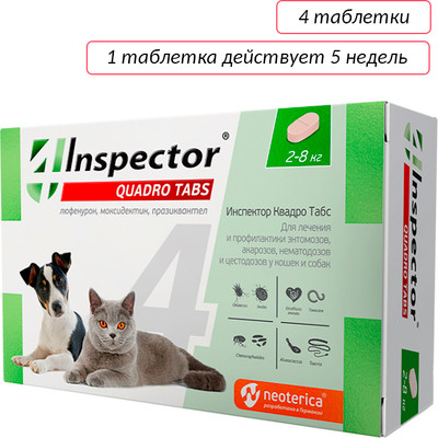 Таблетки от паразитов INSPECTOR Quadro Tabs для кошек и собак 2-8 кг / I402
