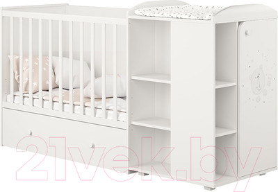 Детская кроватка Polini Kids French 900 Teddy с комодом / 0001526.9 (белый)
