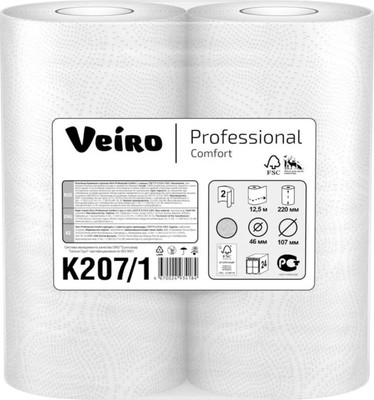Бумажные полотенца Veiro Professional Comfort в рулонах 2х слойная / K207/1 (12.5м)