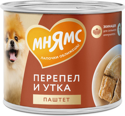 Влажный корм для собак Мнямс Сильный иммунитет. Паштет из утки и перепела / 705076 (200г)