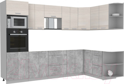 Кухонный гарнитур Interline Мила Лайт 1.68x3.0 правая без столешницы (вудлайн кремовый/бетон)