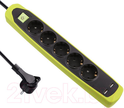 Удлинитель Electraline 62158 (2м, черный/зеленый)