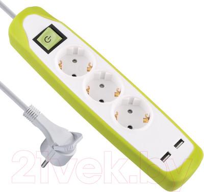 Удлинитель Electraline 62155 (2м, белый/зеленый)