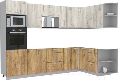 Кухонный гарнитур Интерлиния Мила Лайт 1.68x3.0 правая без столешницы (дуб белый/дуб золотой)