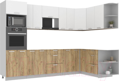 Кухонный гарнитур Interline Мила Лайт 1.68x3.0 правая без столешницы (белый платинум/дуб золотой)