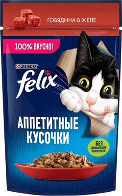 Влажный корм для кошек Felix Аппетитные кусочки с говядиной в желе (75г)