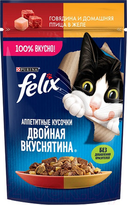 Влажный корм для кошек Felix Аппетитные кусочки. Двойная вкуснятина гов. и дом. птица в желе (75г)