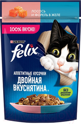 Влажный корм для кошек Felix Аппетитные кусочки. Двойная вкуснятина лосось и форель желе (75г)