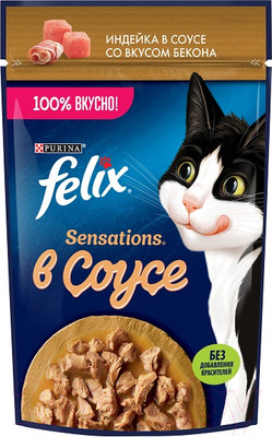 Влажный корм для кошек Felix Sensations с индейкой и беконом в соусе (75г)