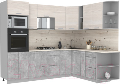 Кухонный гарнитур Интерлиния Мила Лайт 1.88x2.6 правая без столешницы (вудлайн кремовый/бетон)