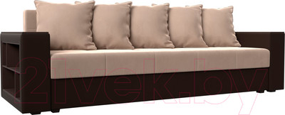Диван Лига Диванов Дубай лайт полки слева / 114377 (велюр бежевый/экокожа коричневый)