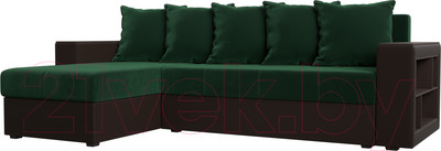 Диван угловой Лига Диванов Дубай лайт левый (велюр зеленый/экокожа коричневый)