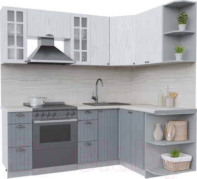 Кухонный гарнитур Интерлиния Берес 1.5x2.1 правая (дуб полярный/дуб серый/травертин серый)