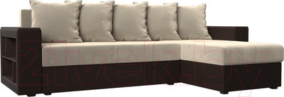 Диван угловой Лига Диванов Дубай лайт правый / 114182 (микровельвет бежевый/экокожа коричневый)