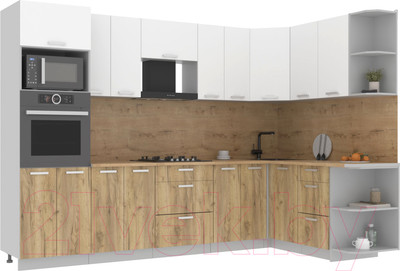Кухонный гарнитур Интерлиния Мила Лайт 1.68x3.0 правая (белый платинум/дуб золотой/дуб бунратти)