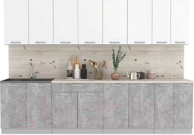 Кухонный гарнитур Интерлиния Мила Лайт 3.0 (белый платинум/бетон/бискайская сосна)