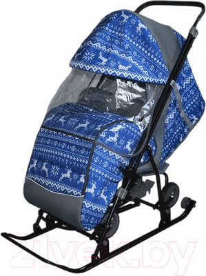 Санки-коляска GalaXy Снежинка Универсал 1 (зимняя ночь/олени на синем)