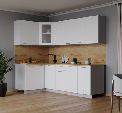 Кухонный гарнитур Интерлиния Мила 12x22 (белый платинум/белый платинум глянец/дуб бунратти)