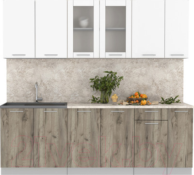 Кухонный гарнитур Интерлиния Мила 23 (белый платинум/дуб серый/опал светлый)