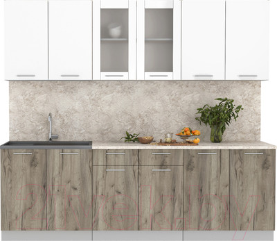 Кухонный гарнитур Интерлиния Мила 24 (белый платинум/дуб серый/опал светлый)