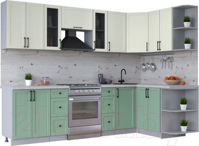 Кухонный гарнитур Интерлиния Тренд 1.5x2.8 правая (мята/белый/бискайская сосна)