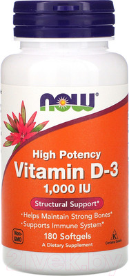 Витамин NOW Foods D3 25 мкг 1000 IU / NOW-00365 (180шт)