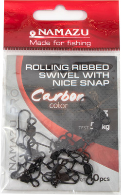 Вертлюг рыболовный Namazu Pro Rolling Ribbed Swivel With Nice Snap 57кг / NP-FT-RSNS3C (р.3, сarbon)