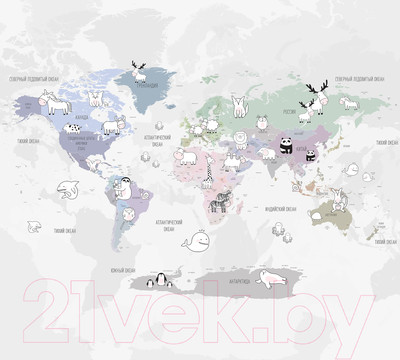 Фотообои листовые Vimala Детская карта с животными (270x300)