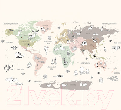 Фотообои листовые Vimala Детская карта с животными 2 (270x300)