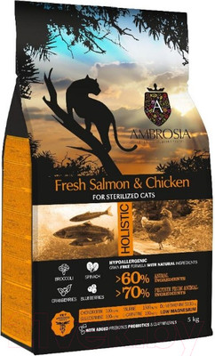 Сухой корм для кошек Ambrosia Grain Free для стерилизованных кошек, лосось, курица / U/ACSS5 (5кг)