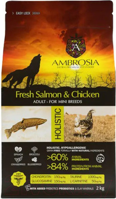 Сухой корм для собак Ambrosia Grain Free для мелких пород с лососем и курицей / U/ASC2 (2кг)