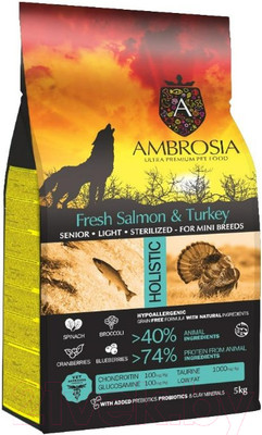 Сухой корм для собак Ambrosia Grain Free для пожилых мини-пород с лососем и индейкой / U/ASTM5 (5кг)