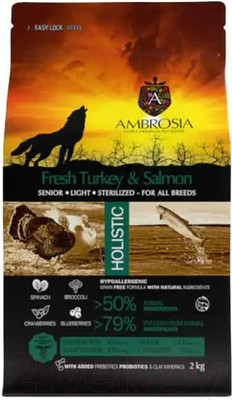 Сухой корм для собак Ambrosia Grain Free для пожилых с избыт. весом индейка и лосось / U/ATS2 (2кг)
